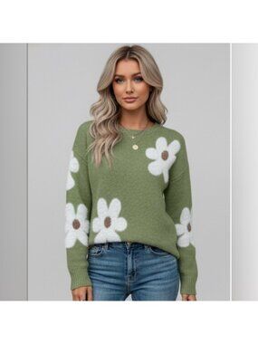Green Fuzzy Floral Pattern Drop Shoulder Sweater